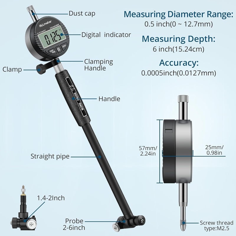 ALLmeter Store Dial Indicator Bore Gauge with 1.4"-6"/0.0005" Measuring Range Dial Bore Gauge Set with 15PCS Anvils & 6" Measuring Depth for Engine Cylinder Deep Engine Hole Cylinder Measurement Gage - Image 2